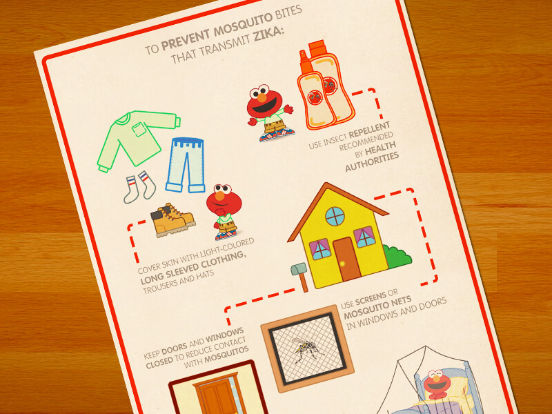 Elmo aprendiendo a prevenir las picaduras de mosquitos en casa y afuera.