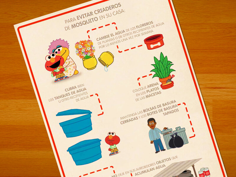 Elmo aprendiendo cómo proteger su casa de los criaderos de mosquito.