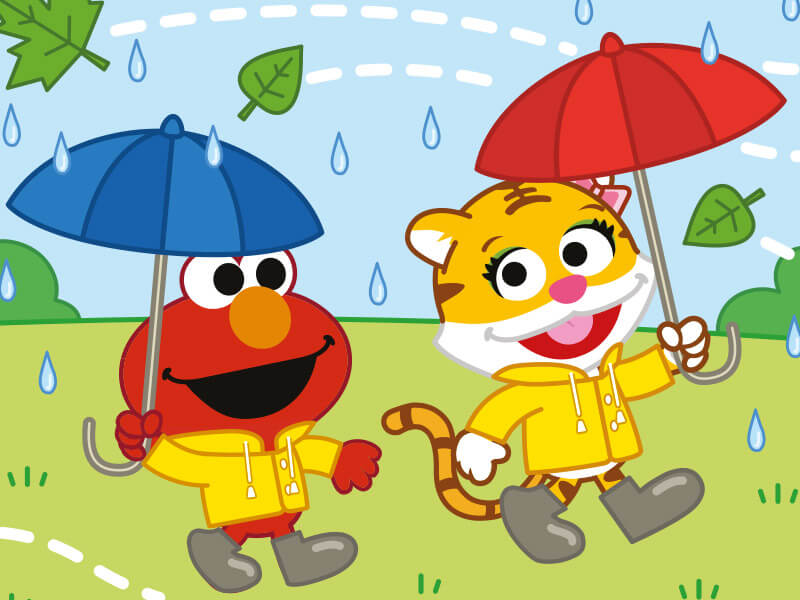  elmo e lily caminhando na chuva