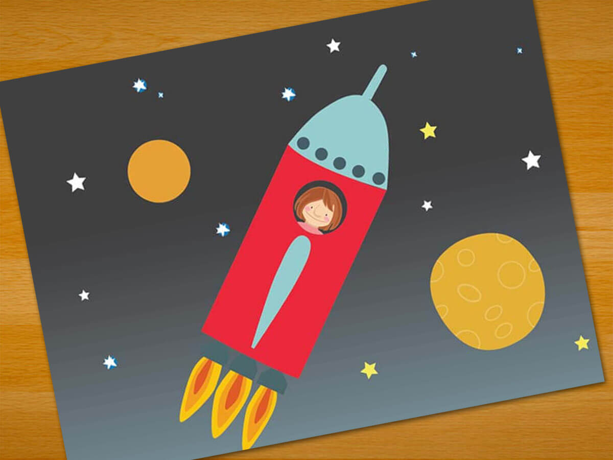 el espacio, cohete, sol, y planetas