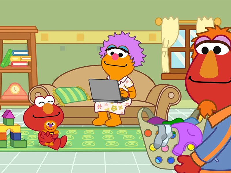 Elmo y sus papas en la casa