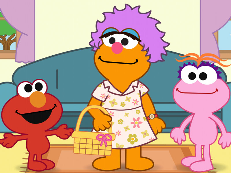 Elmo, Mae y Lola en la sala