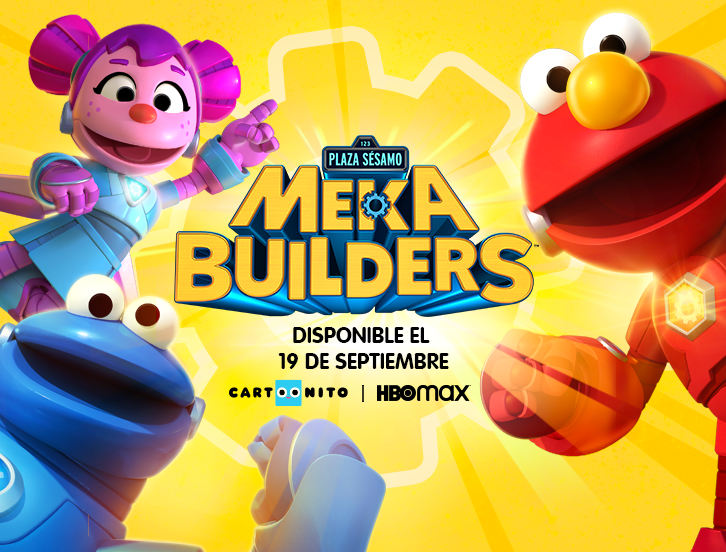 Abby, Comegalletas y Elmo con el logo de Mecha Builders